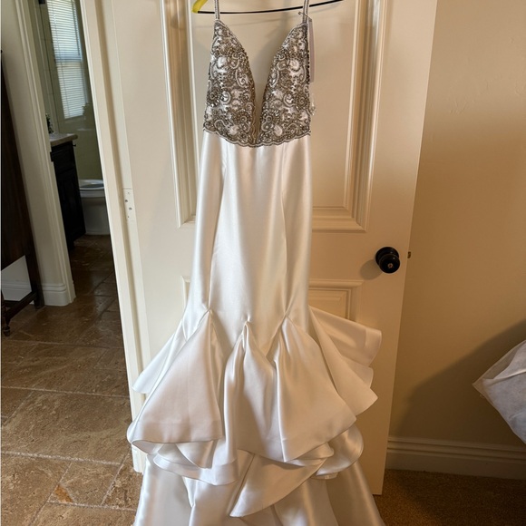 White Satin Gown with Silver Embellished Bodice - Picture 4 of 8